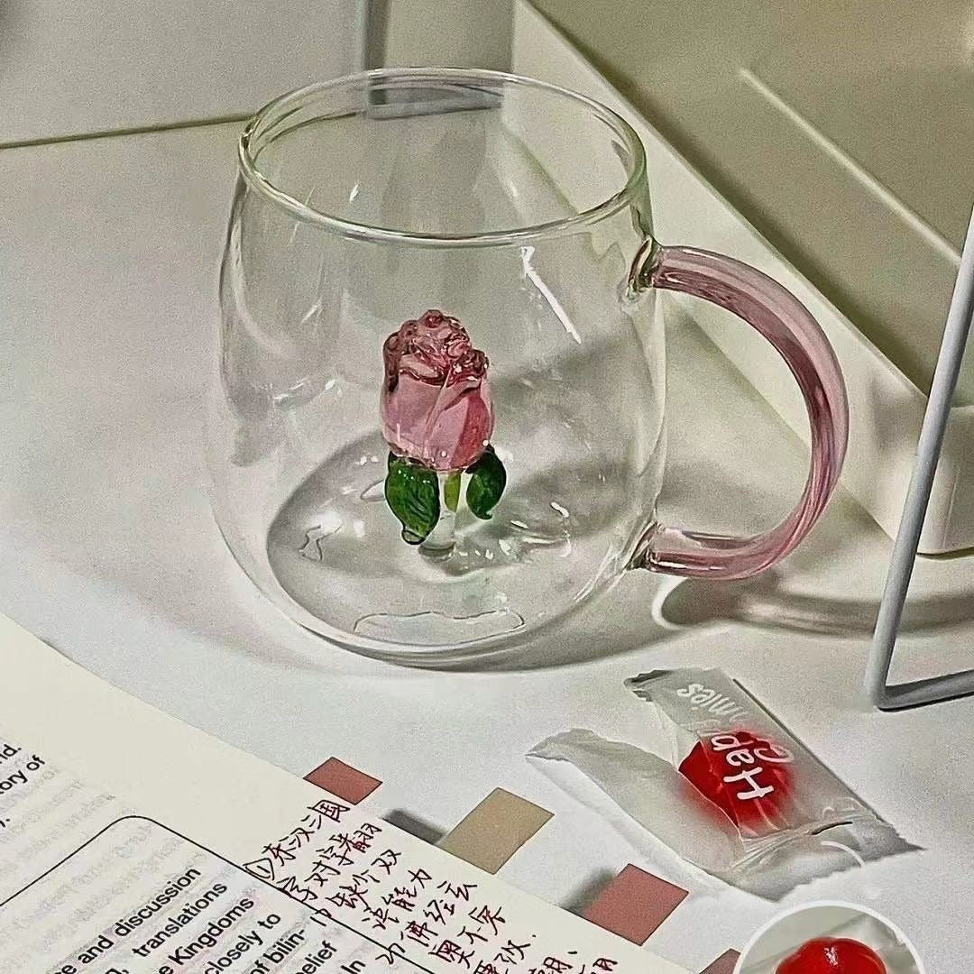 3D Rose Glass Cup With Handle
