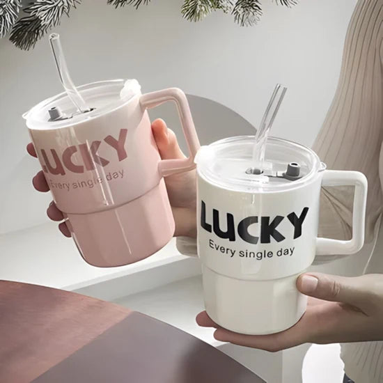 Lucky Glass Cup With Straw 380ML