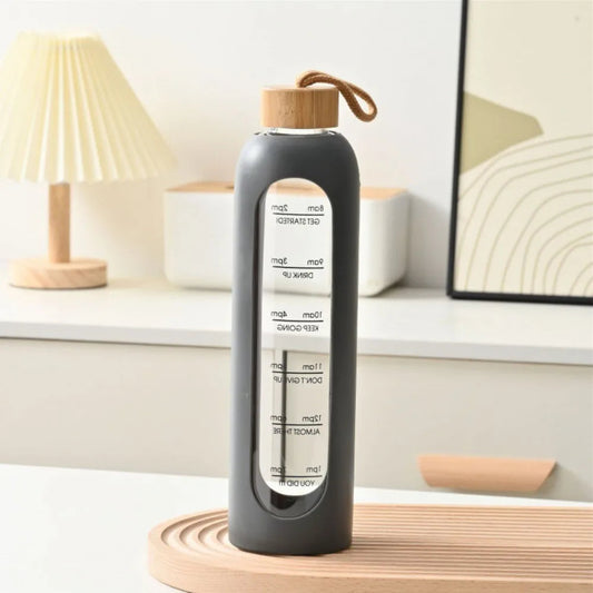 Bamboo Cap Glass Water Bottle with Time Marked