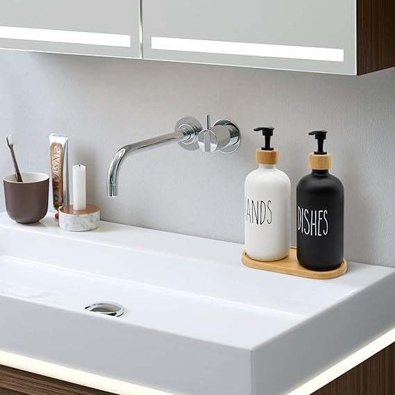 Glass Liquid Dispenser Bottle With Wooden Tray