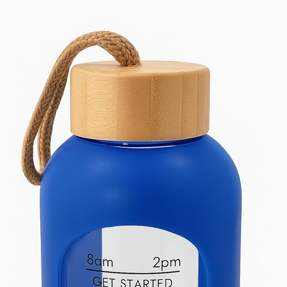 Bamboo Cap Glass Water Bottle with Time Marked
