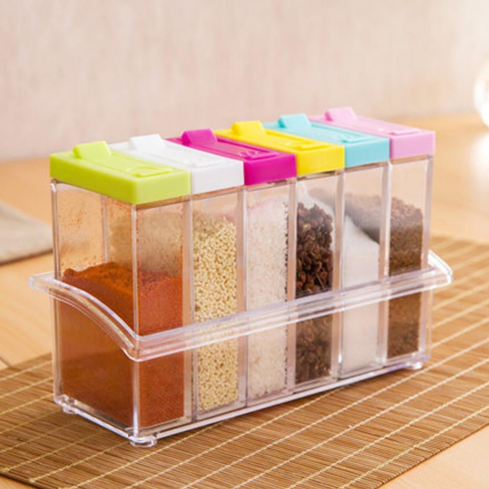 6Pcs Spice Jar Set Home Storage Container with Tray Rack. - Discount Mart