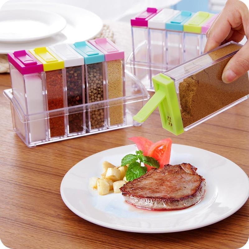 6Pcs Spice Jar Set Home Storage Container with Tray Rack. - Discount Mart