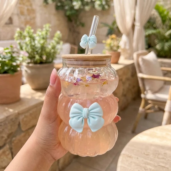 Elegant Wave Bow Glass Mug With Straw