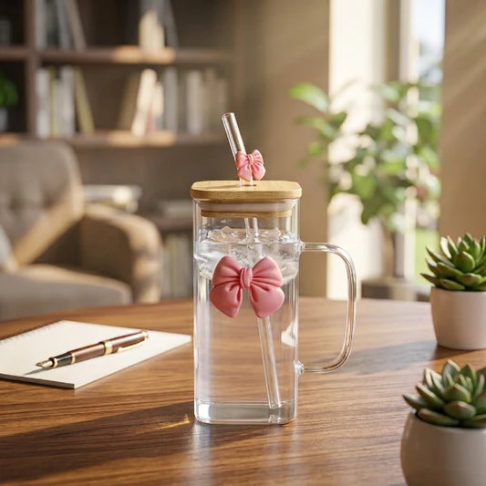Elegant Square Bow Glass Mug with Wooden Lid