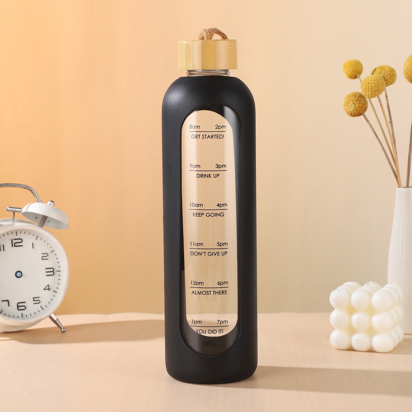 Bamboo Cap Glass Water Bottle with Time Marked