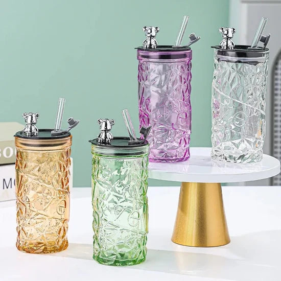 Diamond Acrylic Glass Bear Cup with Lid