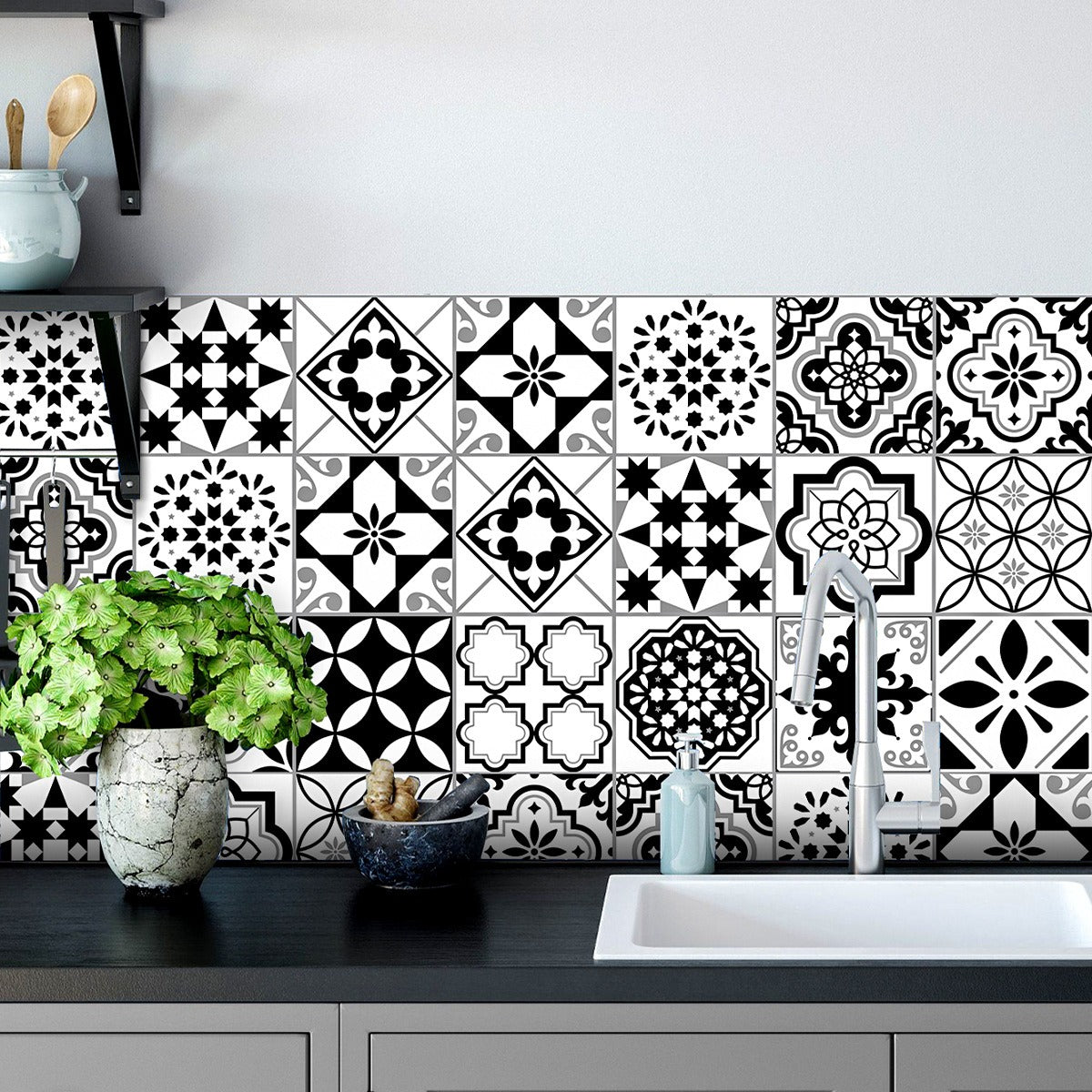 24pcs Black & White Tile Stickers – Waterproof Peel & Stick Home Decor