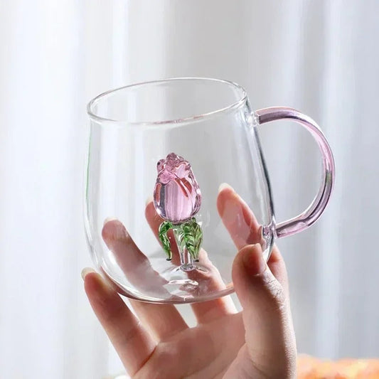 3D Rose Glass Cup With Handle