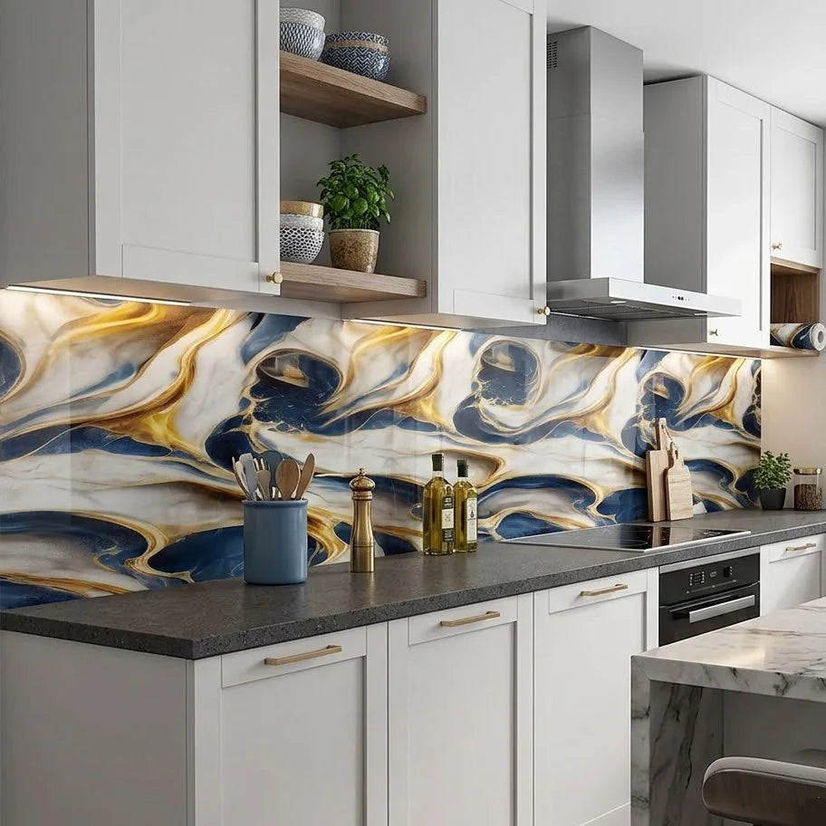Waterproof Blue & Golden Marble Sheet (60cm x 2m)